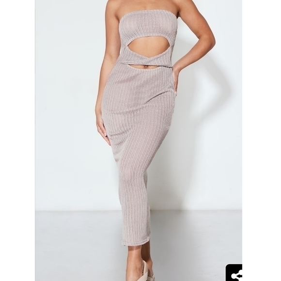 PrettyLittleThing Taupe Textured Knit Twist Cut Out Bardot Midaxi Dress Sz 4 - Picture 1 of 9